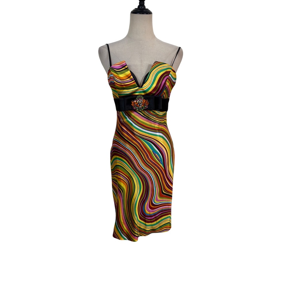 Vtg y2k Terani babydoll Cocktail Dress Sz 2 Striped Beaded Party club going out